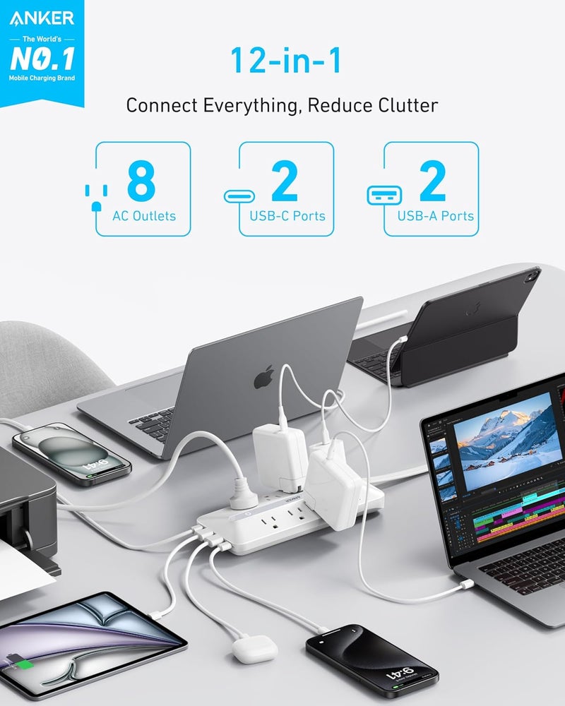 Anker Flat Plug Power Strip, 12-in-1 USB-C Power Strip with 8 AC, 2 USB-C, and 2 USB-A Ports, 5 feet Extension Cord, Slim Desk Charging Station, 900J Surge Protection, 35W Max for Home, Office, Dorm - Image 2